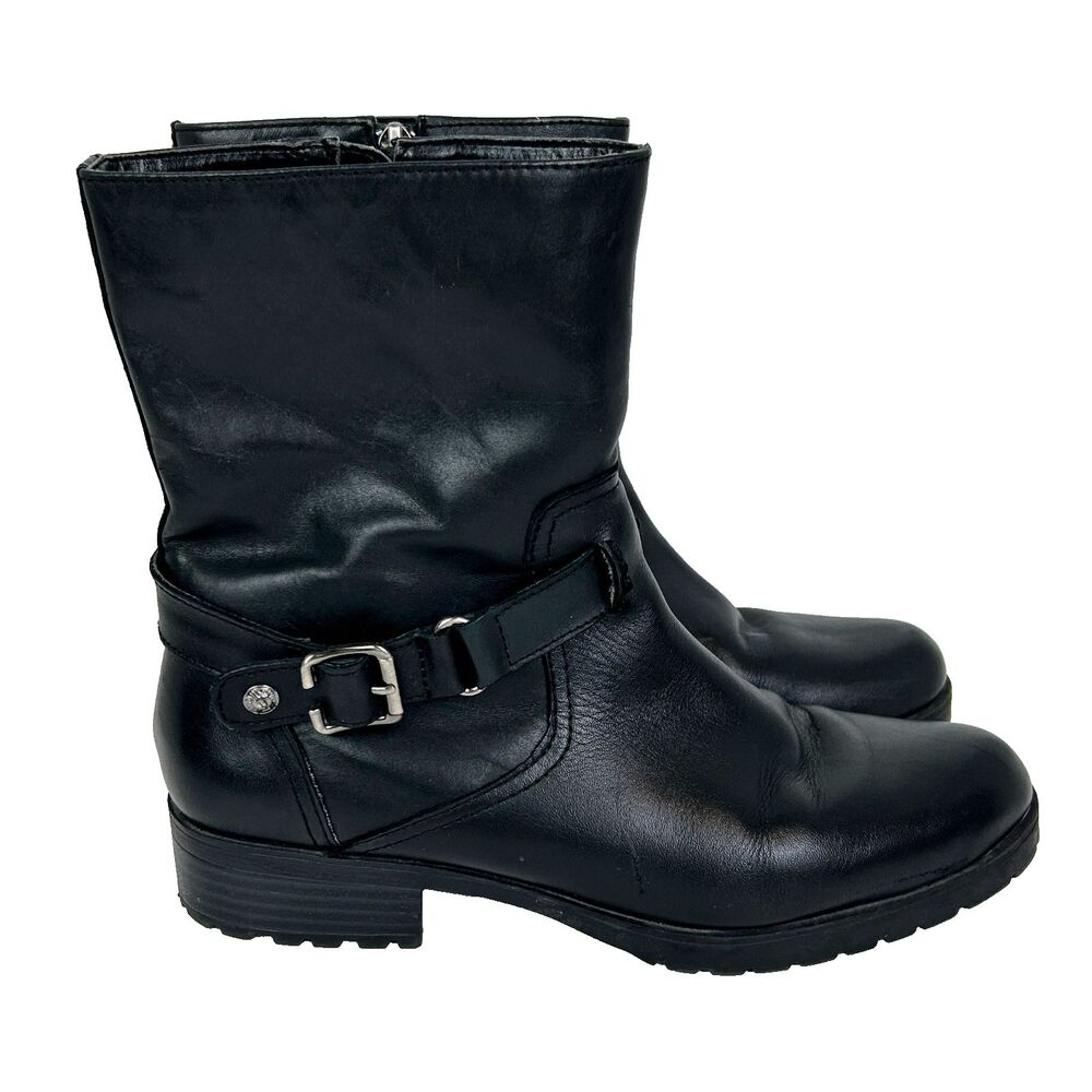 Anne Klein Crayton Moto Biker Leather Boots Black Mid Calf Buckle Classic Shoe 8